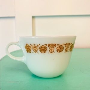 3 Pyrex Vintage Milk‎ Glass Golden Butterfly Flowers Coffee Tea Cup Mug Used